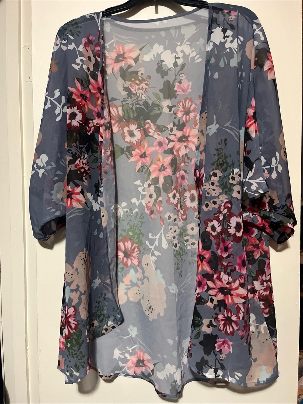 Floral Sheer Open-Front Kimono Cardigan - Blue with Pink Floral